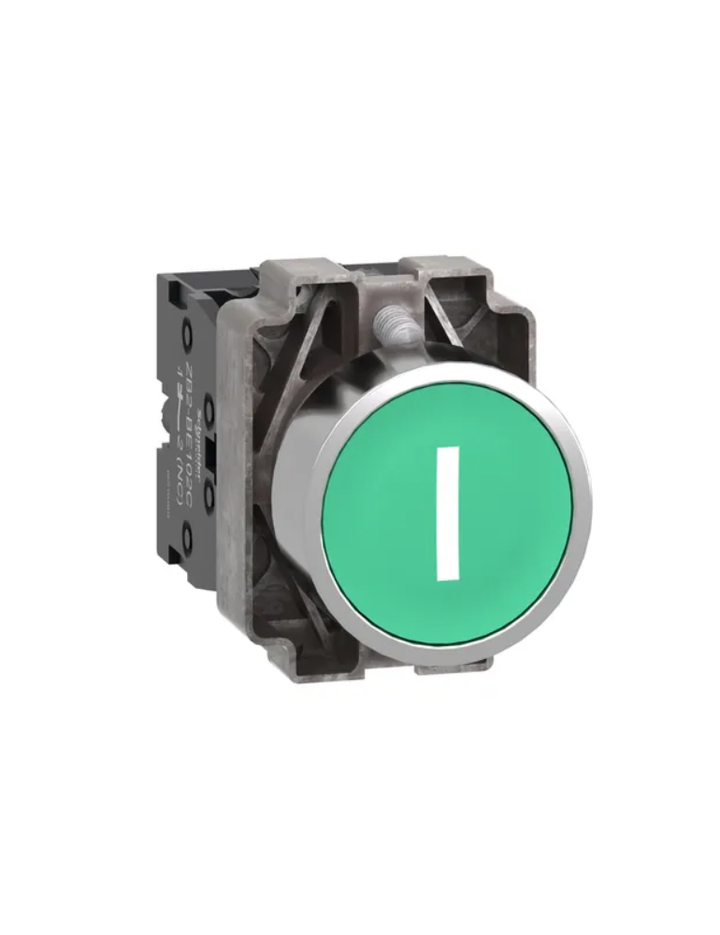 Push button, Easy Harmony XB2, metal, flush, green, 22mm, spring return, marked I, 1NO