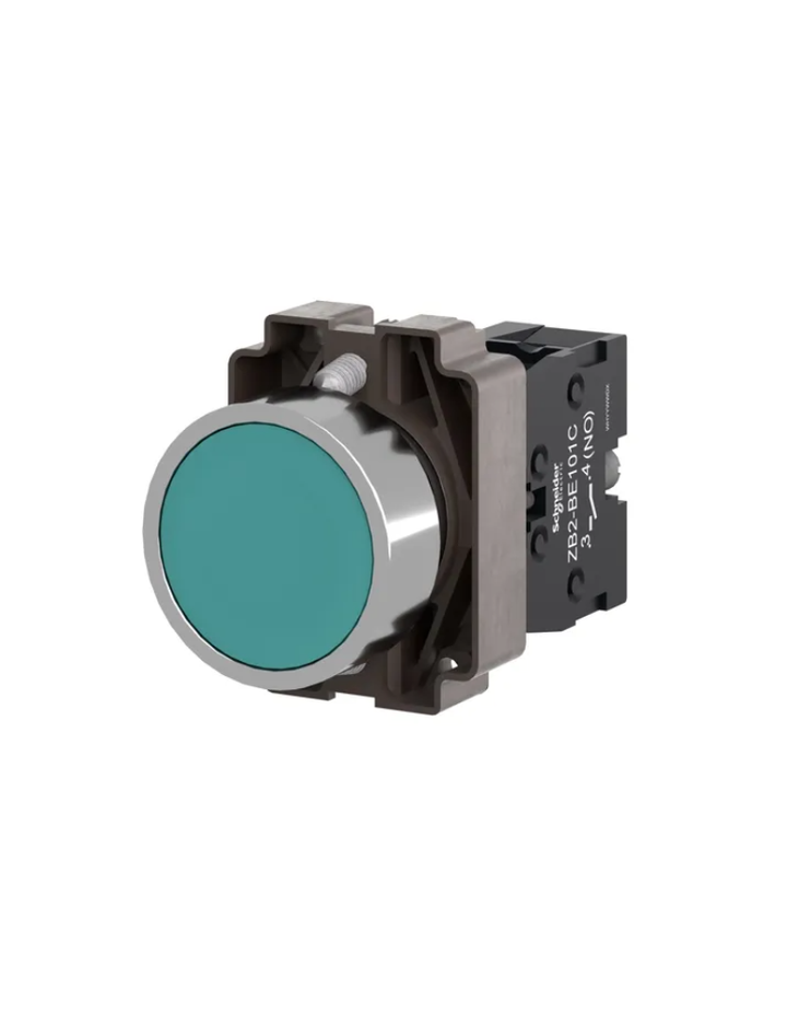 Complete push button, Easy Harmony XB2, metal, flush, green, 22mm, spring return, unmarked, 1NO\