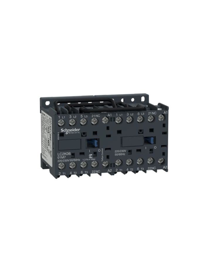 Reversing contactor, TeSys K, 3P, AC-3, lt or eq to 440V 12 A, 1 NC, 220 to 230VAC