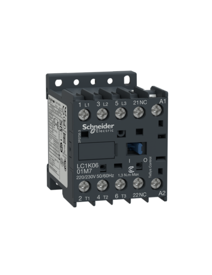 Contactor, TeSys K, 3P, AC-3, lt or eq to 440V 12 A, 1 NC aux., 220 to 230VAC coil