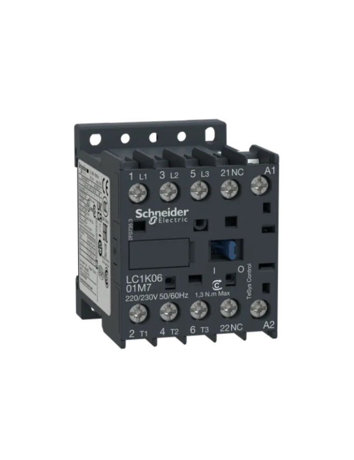 Contactor, TeSys K, 3P, AC-3, lt or eq to 440V 9A, 1 NC aux., 220 to 230VAC coil