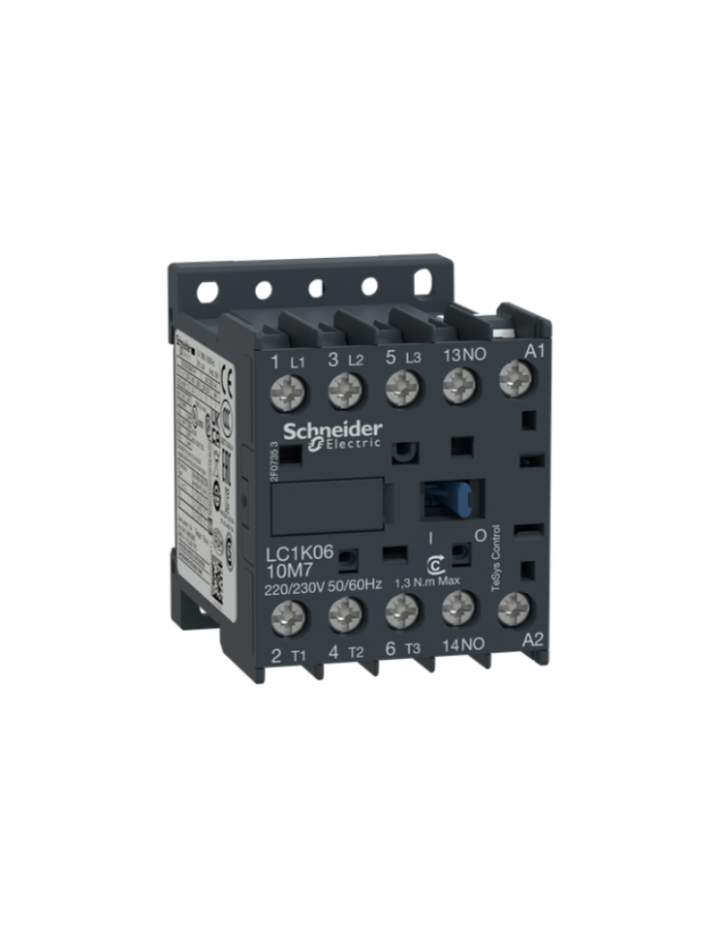 Contactor, TeSys K, 3P, AC-3, lt or eq to 440V 6A, 1 NO aux., 220 to 230VAC coil