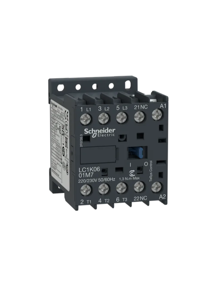 TeSys K contactor - 3P - AC-3 <= 440 V 6 A - 1 NC aux. - 220...230 V AC coilTeSys K contactor - 3P - AC-3 <= 440 V 6 A - 1 NC aux. - 220...230 V AC coil