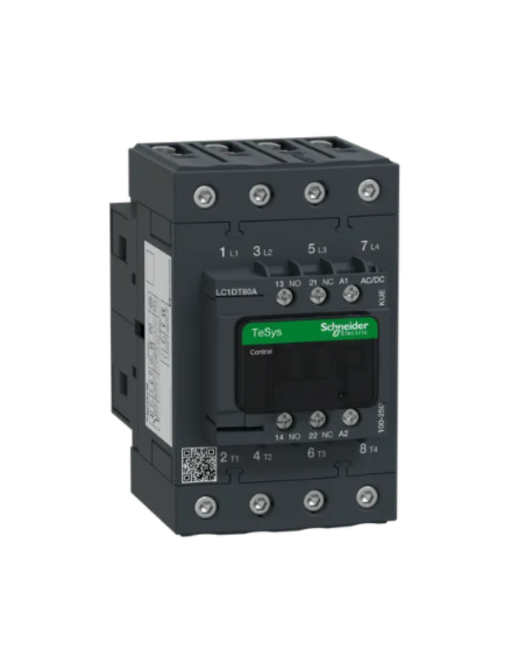 IEC contactor, TeSys Deca, nonreversing, 80A resistive, 4 pole, 4 NO, 100/250VAC/VDC coil, open style