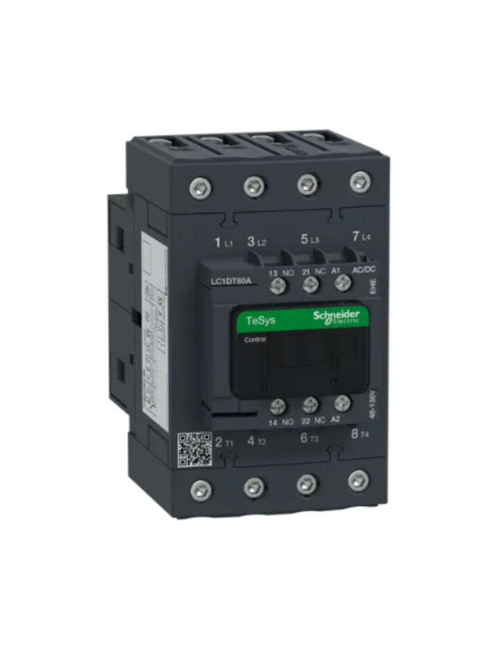 IEC contactor, TeSys Deca, nonreversing, 80A resistive, 4 pole, 4 NO, 48/130VAC/VDC coil, open style