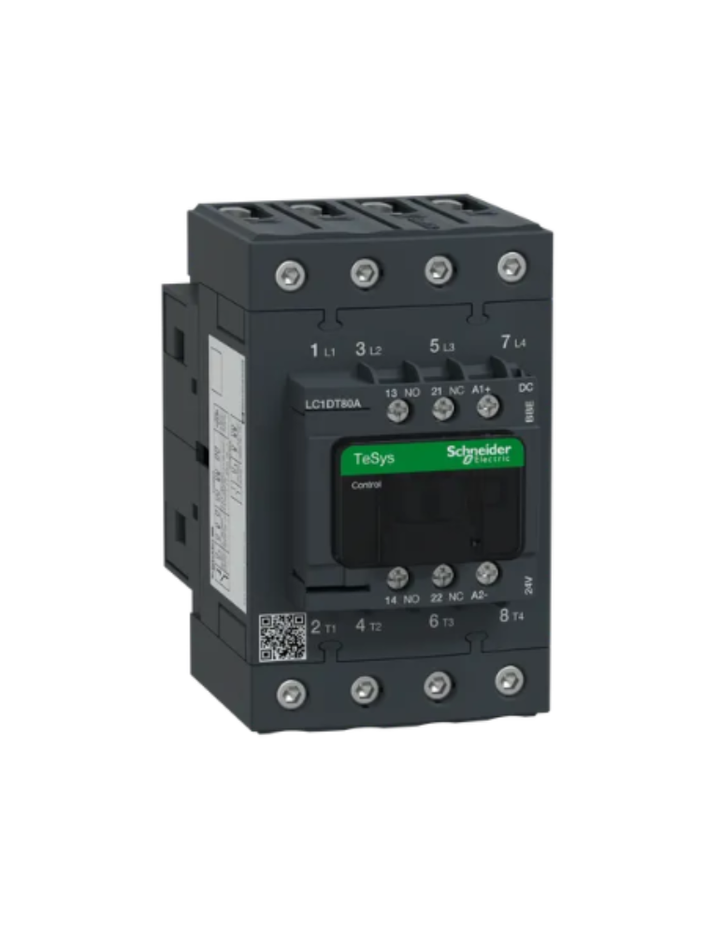 IEC contactor, TeSys Deca, nonreversing, 80A resistive, 4 pole, 4 NO, 24VDC coil, open style