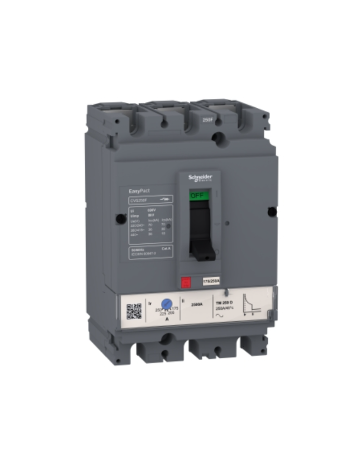 circuit breaker EasyPact CVS100F, 36 kA at 415 VAC, 16 A rating thermal magnetic TM-D trip unit, 3P 3d