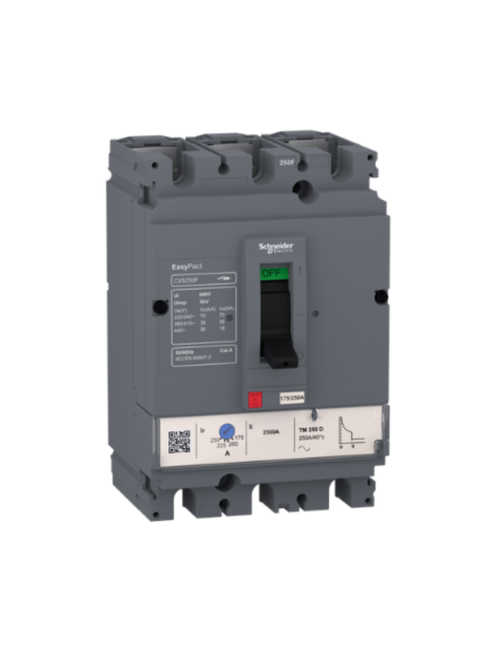 circuit breaker EasyPact CVS100F, 36 kA at 415 VAC, 25 A rating thermal magnetic TM-D trip unit, 3P 3d