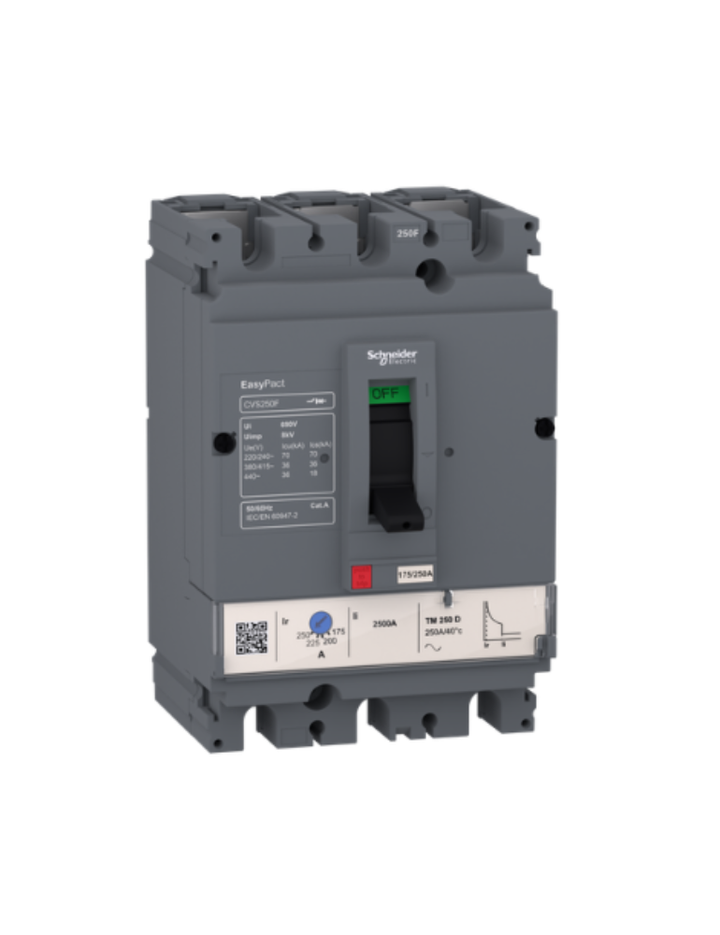 circuit breaker EasyPact CVS100F, 36 kA at 415 VAC, 50 A rating thermal magnetic TM-D trip unit, 3P 3d