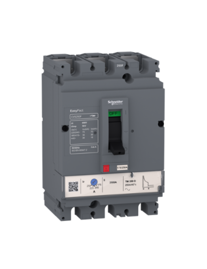 circuit breaker EasyPact CVS100F, 36 kA at 415 VAC, 63 A rating thermal magnetic TM-D trip unit, 3P 3d
