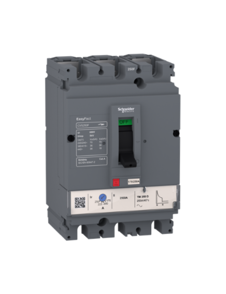 circuit breaker EasyPact CVS100F, 36 kA at 415 VAC, 80 A rating thermal magnetic TM-D trip unit, 3P 3d