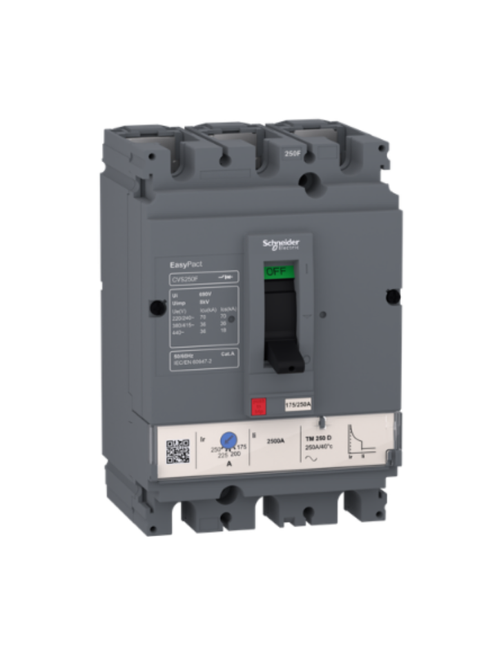 circuit breaker EasyPact CVS100F, 36 kA at 415 VAC, 100 A rating thermal magnetic TM-D trip unit, 3P 3d