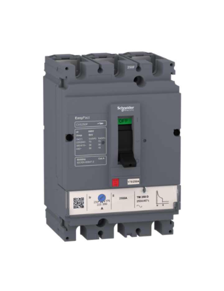 circuit breaker EasyPact CVS160F, 36 kA at 415 VAC, 125 A rating thermal magnetic TM-D trip unit, 3P 3d