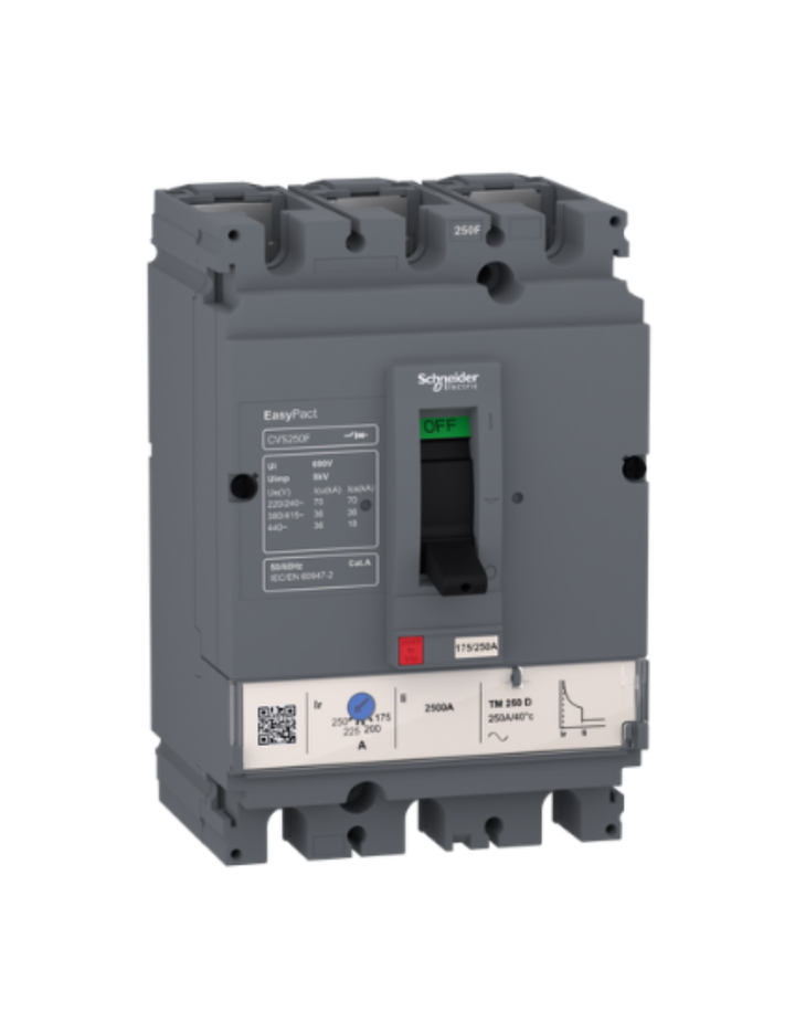circuit breaker EasyPact CVS160F, 36 kA at 415 VAC, 160 A rating thermal magnetic TM-D trip unit, 3P 3d
