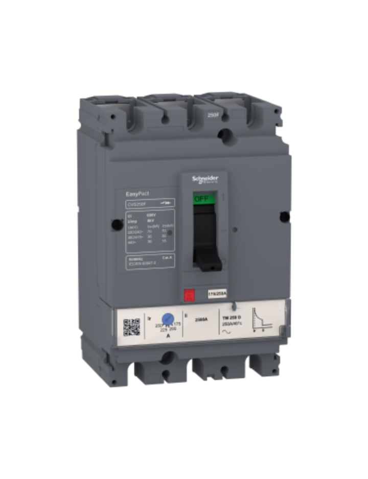 circuit breaker EasyPact CVS250F, 36 kA at 415 VAC, 200 A rating thermal magnetic TM-D trip unit, 3P 3d