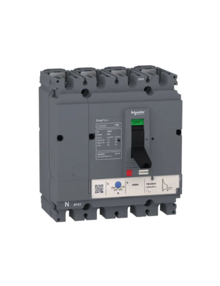 circuit breaker EasyPact CVS100F, 36 kA at 415 VAC, 25 A rating thermal magnetic TM-D trip unit, 4P 3d