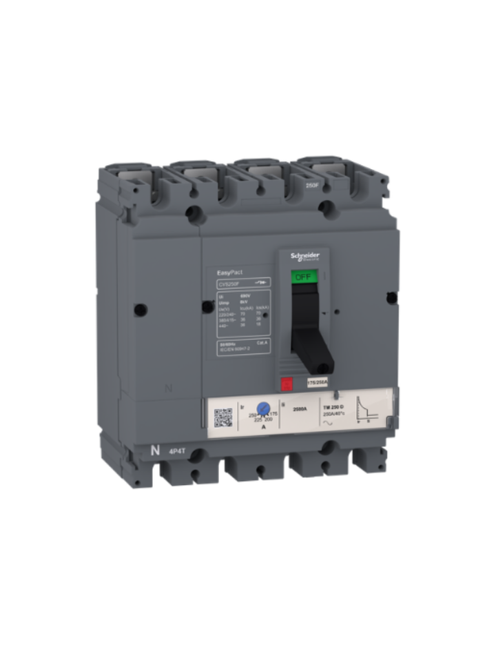 circuit breaker EasyPact CVS100F, 36 kA at 415 VAC, 50 A rating thermal magnetic TM-D trip unit, 4P 3d