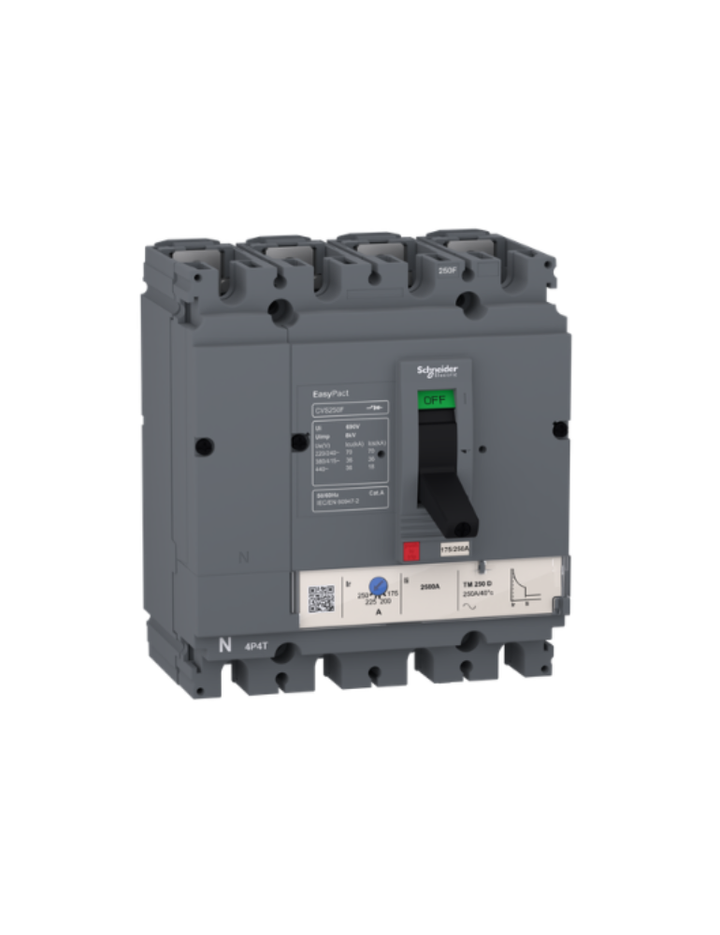 circuit breaker EasyPact CVS100F, 36 kA at 415 VAC, 80 A rating thermal magnetic TM-D trip unit, 4P 3d