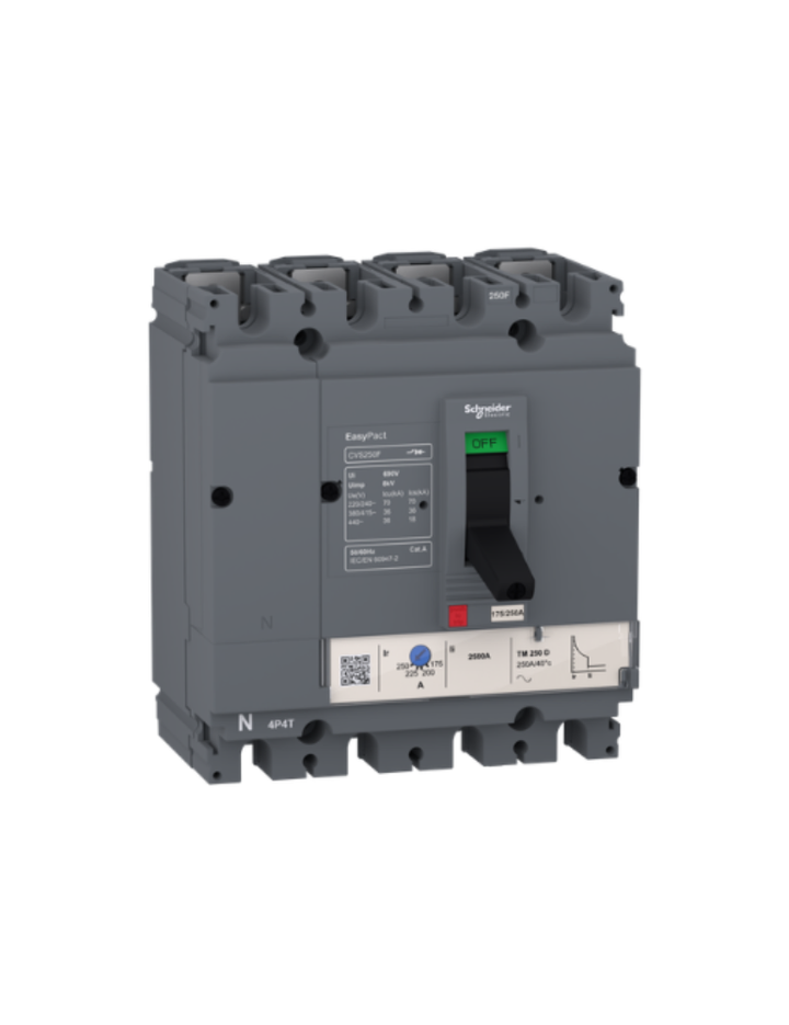 circuit breaker EasyPact CVS100F, 36 kA at 415 VAC, 100 A rating thermal magnetic TM-D trip unit, 4P 3d
