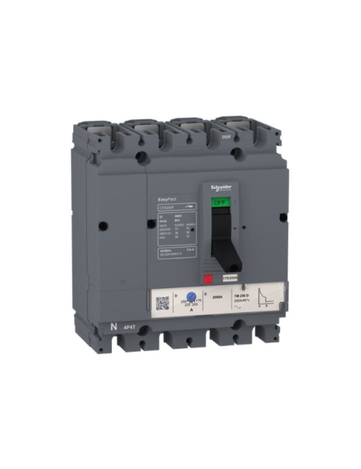 circuit breaker EasyPact CVS160F, 36 kA at 415 VAC, 125 A rating thermal magnetic TM-D trip unit, 4P 3d