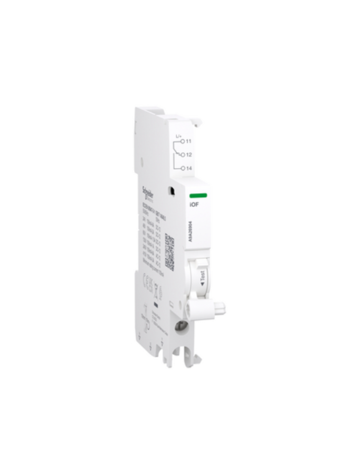 Auxiliary contact, Acti9 A9A, iOF, 1 C/O, 100mA to 6A, 24VAC to 415VAC, 24-130 VDC, bottom connection