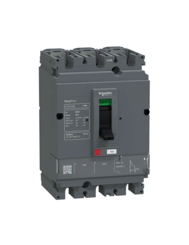 circuit breaker, EasyPact CVS100B, 25kA at 415VAC, 16A, TMF trip unit, 3P3d, FTFM